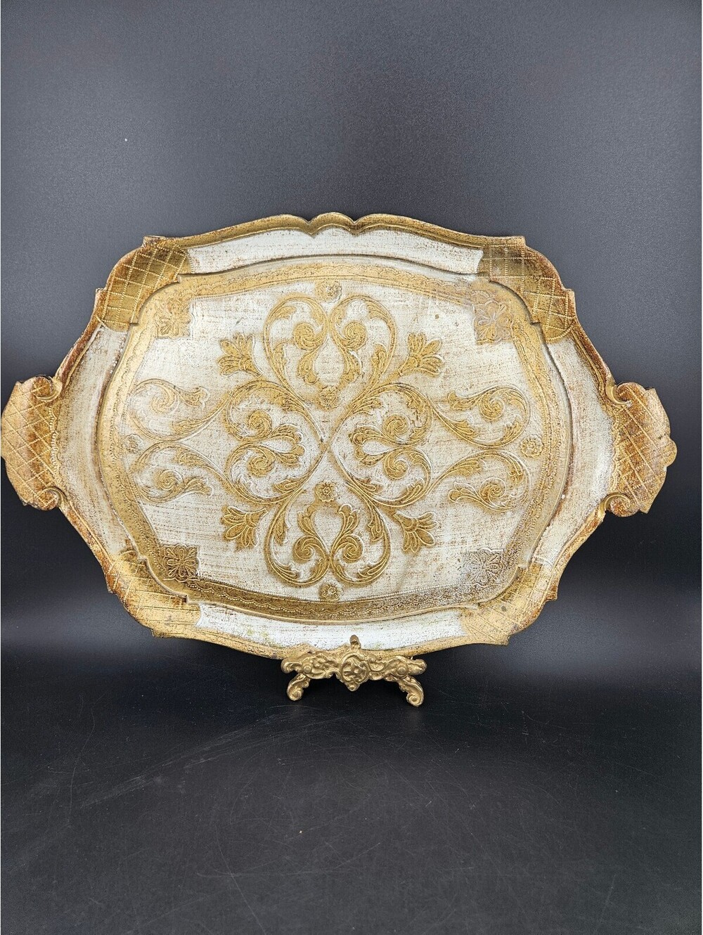 Vtg Italian Florentine Serving Tray Gold Cream 17.5" Molded Resin Made in Italy
